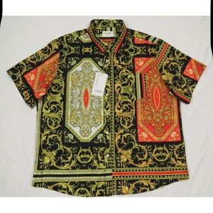 NWT Baroque Royalty Gold Black Red Stretch Mens Short Sleeve Button Shirt XL